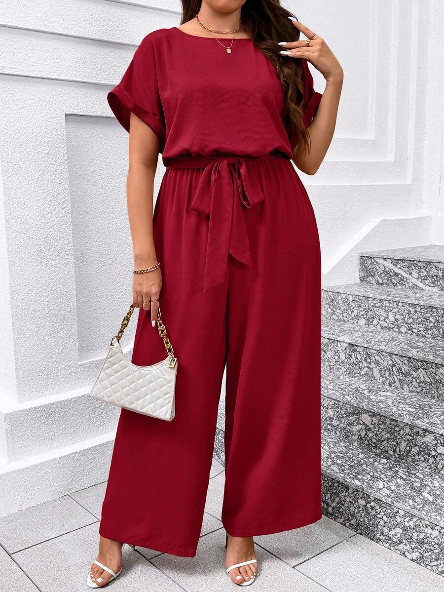 SHEIN Clasi Bộ áo liền quần cỡ lớn thanh lịch cổ tròn có thắt lưng và ống rộng. - Đỏ - Xem 1