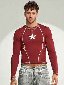 FeverCity Men's Solid Color Fitted Crew Neck Short Casual Printed T-Shirt - Red - View 5