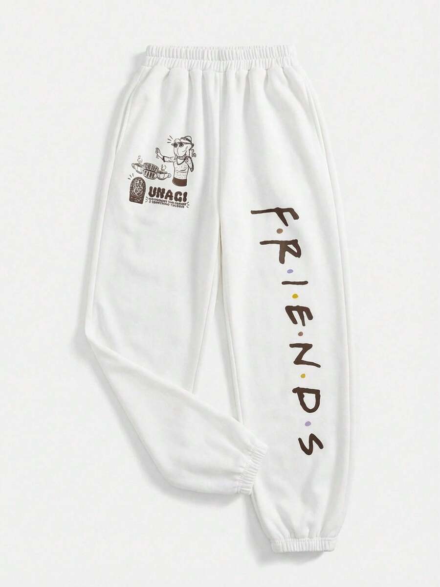 FRIENDS X SHEIN Women's Casual Cartoon Letter Print Sweatpants - White - View 1