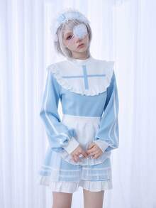 ROMWE EDITION 女士长袖立领病娇风格十字架天使印花长袖连衣裙 - 淺藍色 - 查看 8