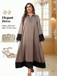 Al Najma Plus Size Women's Turkish & Arabic Traditional Long Tunic With Lace Trim Collar Kaftan Jalabiya Dress - Multicolor - View 2