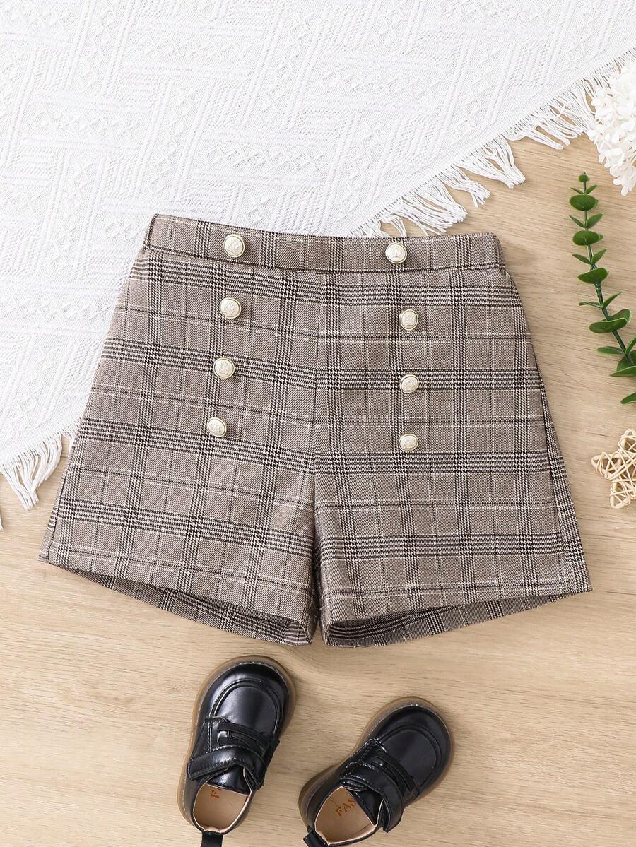 年轻女孩时尚优雅格子金色金属装饰纽扣前开短裤,学院风,非常适合秋冬季休闲日常穿着和上学穿着,母女姐妹装。 - 棕色 - 查看 1