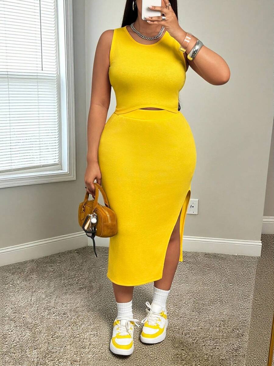 Slaydiva 2026 Spring/Summer New Music Festival, Easter, St. Patrick's Day, Western, Nomadic Style, Birthday Party, Casual, Vacation, Cruise Travel, Beach, Sunbathing, Party & Festival Women's Yellow Cropped Tank Top And Maxi Skirt Set - Yellow - View 1