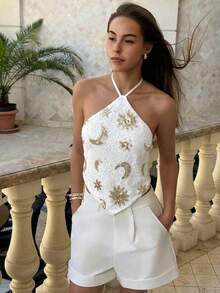 Aloruh Women's Sexy Sequin Backless Halter Top, Summer Beach Vacation Boho Tropical Raves Festival Country Concert Western Wear Summer Top - White - View 3