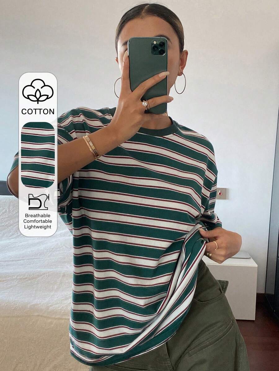 DAZY Áo thun nữ dáng rộng cổ tròn, họa tiết sọc tương phản, thích hợp mặc hàng ngày đi làm, mùa hè. - màu xanh lá - Xem 1