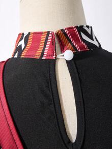 SHEIN Damen Vintage Blume Muster Arabischer Stil Kontrastfarben-Block Rollkragen Langarm Kleid - Verschiedenfarbig - Übersicht 7