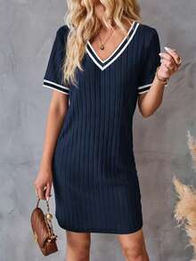 EMERY ROSE Fashionable Casual New Blue Ribbed V-Neck Splice Contrast Color Knit Dress - Multicolor - View 4