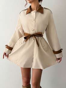 Islaluna Damen Trenchcoat mit Kontrast-Kragen und -Manschetten, Langarm - Khaki - Übersicht 1