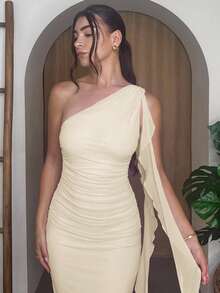 Andrea Bello Solid Color Asymmetrical Neck Ruched Open Back Maxi Mesh Ruffled Edge Women Elegant Dress, Vacation Beach Dress, Spring/Summer,Fall Wedding Guest Dress - Apricot - View 4