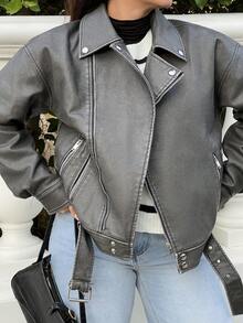 NegzBox Vintage Washed PU Leather Lapel Loose Motorcycle Jacket  - Dark Grey - View 3