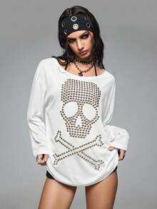 ROMWE Grunge Punk Loose Fit Oversized Crew Neck Skull Rivet & Rhinestone Graphic Long Sleeve T-Shirt - White - View 4