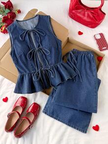 Comfortcana Conjunto feminino casual de férias com blusa sem mangas com amarração frontal e calça jeans. - Lavagem escura - Ver 3