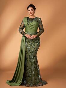 Serin 大码优雅浪漫绿色圆领上衣，饰以奢华串珠网纱鱼尾下摆，适合婚礼、派对、庆典、新娘母亲礼服等场合。 - 綠色 - 查看 3