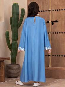 少女休闲度假复古图案印花宽松摆七分袖睡袍 - 藍色 - 查看 2