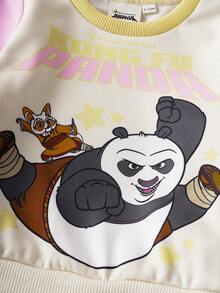 SHEIN Kung Fu Panda Baby Girl Casual Panda Print Colorblock Crew Neck Sweatshirt And Sweatpants Set, Autumn - Pink - View 4