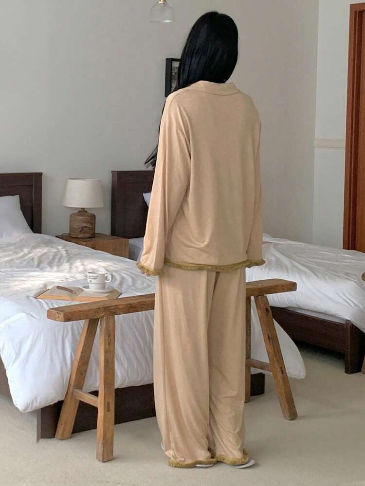Comfortable Knit Fringe Trim Women Pajama Set