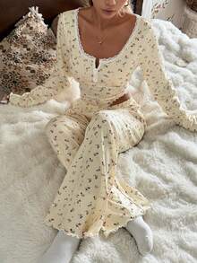 CottageSlumber Romantic Floral Lace Trim Square Collar Jacquard Knit Long Sleeve Pajama Set - Yellow - View 1