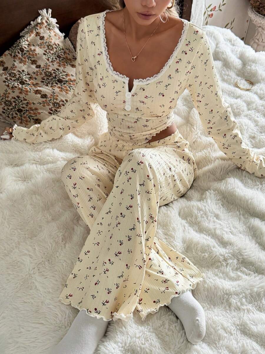 CottageSlumber Romantic Floral Lace Trim Square Collar Jacquard Knit Long Sleeve Pajama Set - Yellow - View 1