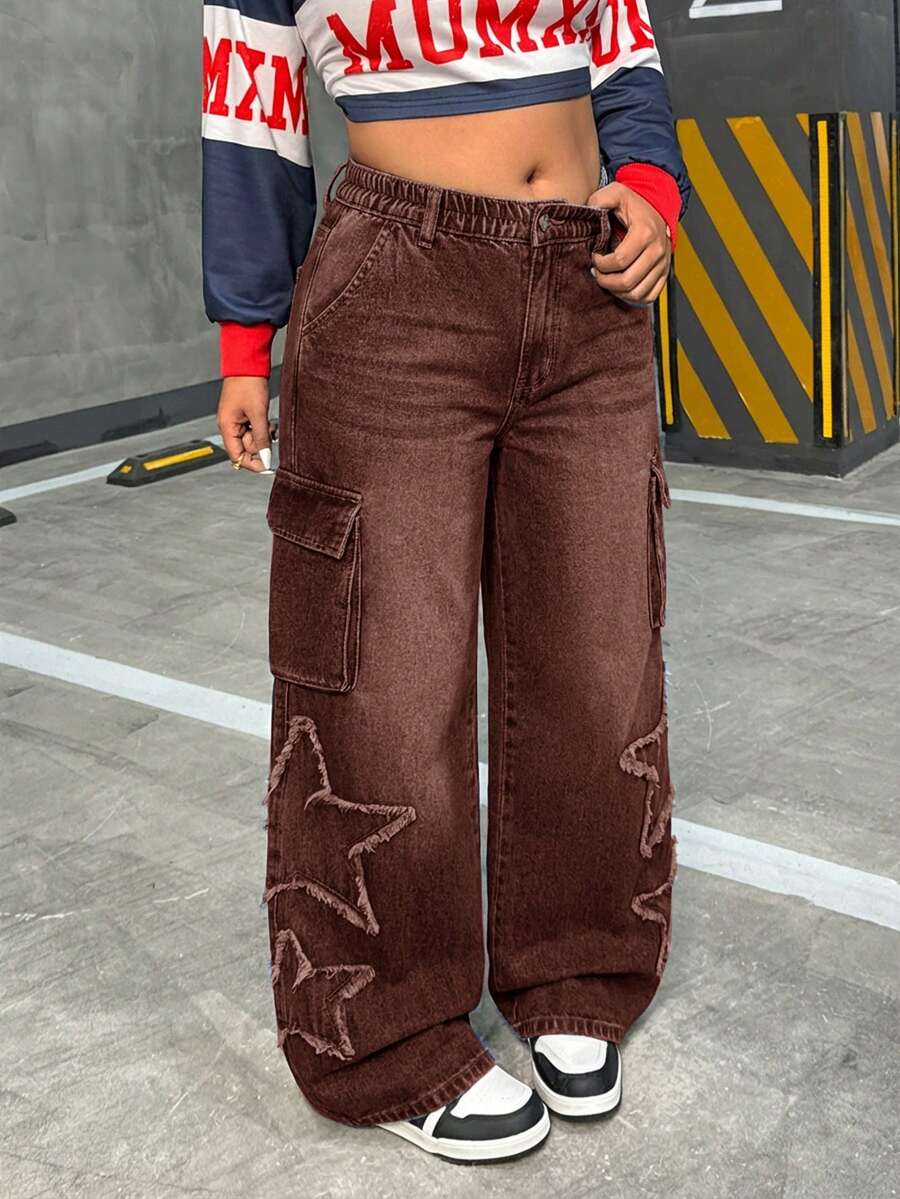 SHEIN Unity Jeans de uso diario minimalista con estampado de estrella para tallas grandes - Marrón - Ver 1