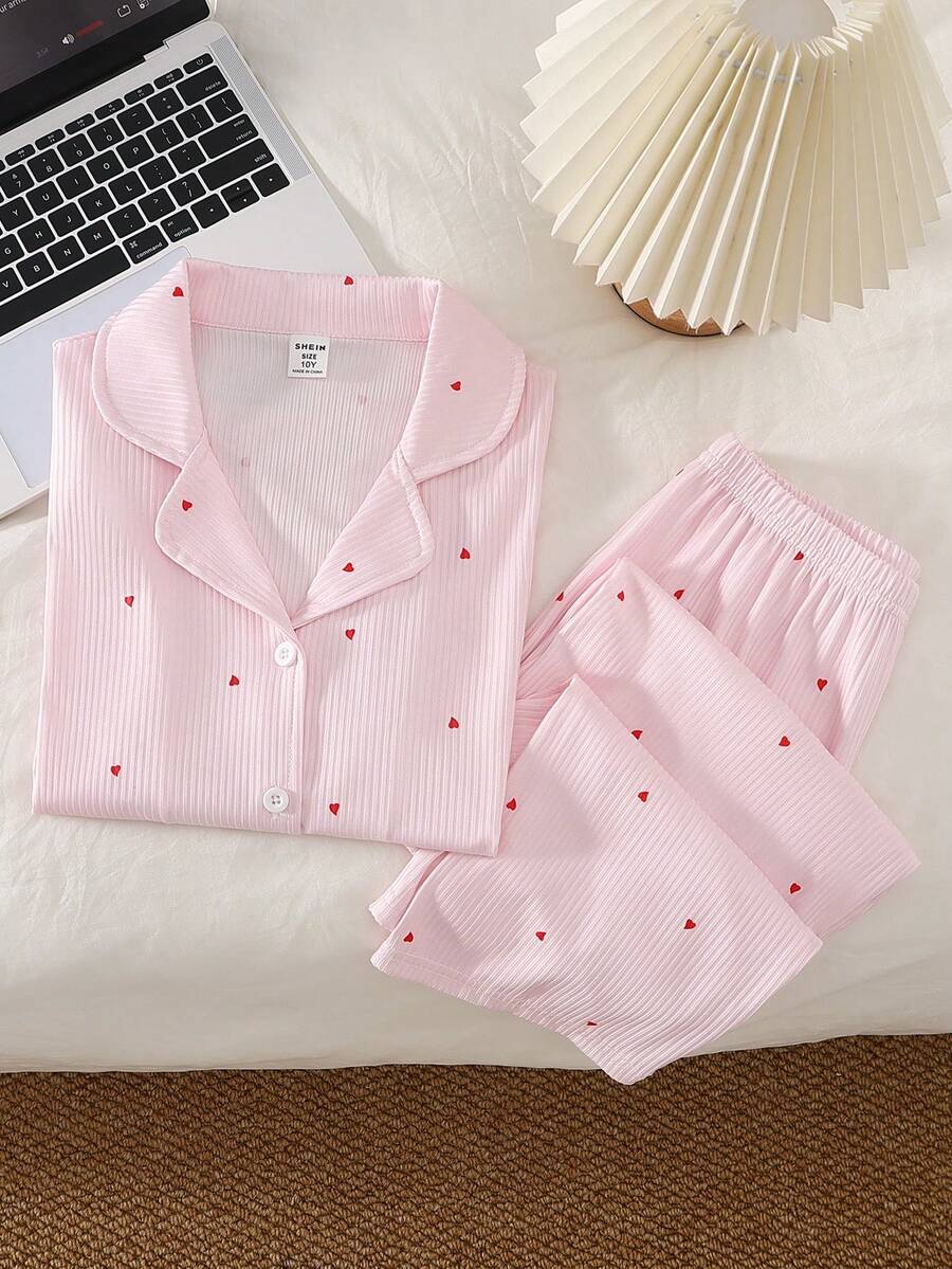 2pcs/Set Girls Heart Print Casual Soft Comfortable Cardigan And Pants Pajama Set - Pink - View 1