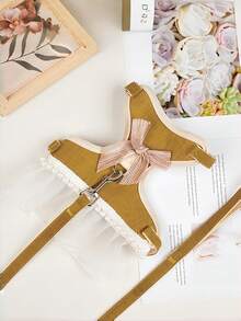 Elegant Yellow Bow Lace Pearl Nail Cat Safety Belt And Belt Set, Adjustable Cat Chest Strap And Belt Suitable For Cats And Dogs. - Yellow - View 3