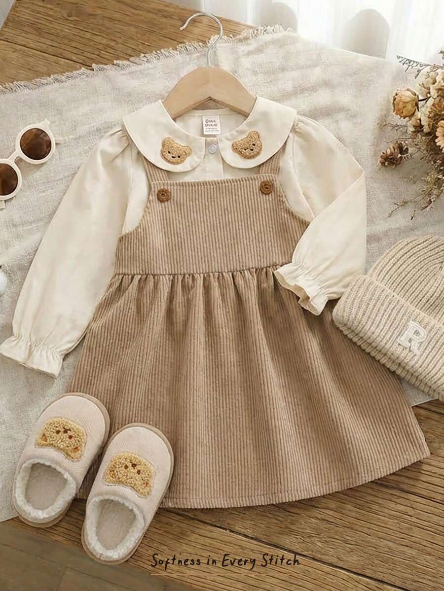 Cozy Pixies 2pcs Baby Girl Cartoon Bear Pattern Collared Long Sleeve Cardigan Shirt & Bib Overall Dress Set - Khaki - View 1