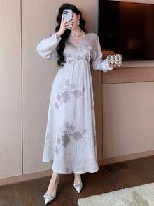 DAZY 花卉印花收腰V领灯笼袖优雅度假连衣裙，适合女性，春秋季长款连衣裙 - 杏色 - 查看 8