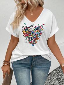EMERY ROSE Fashionable Casual New V-Neck Turnover Sleeve Colorful Heart & Butterfly Print Plus Size T-Shirt - White - View 5