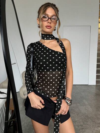 SHEIN BAE Blusa de mujer con estampado de lunares en contraste de un solo hombro