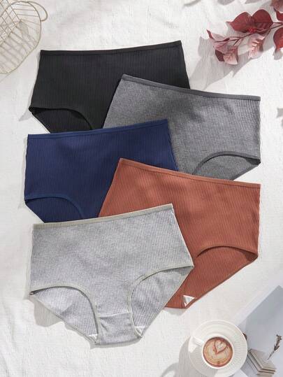 5pcs/Pack Plus Size Women Elastic Waist Ribbed Comfortable Panties