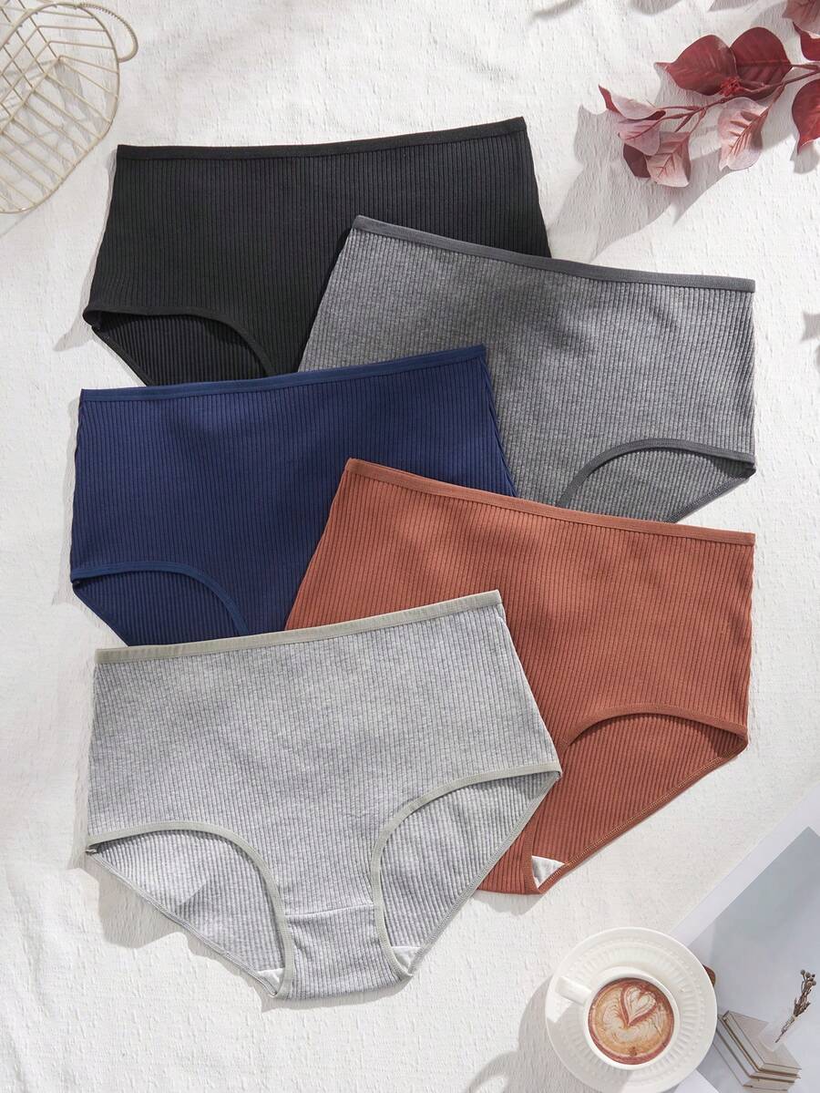 5pcs/Pack Plus Size Women Elastic Waist Ribbed Comfortable Panties - Multicolor - View 1