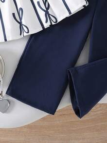 SHEIN 2pcs/Set Toddler Girls' Fashionable Cute 3D Bow Decor Sleeveless Tank Top And Cropped Pants Set, Versatile For Daily Wear, Spring/Summer Preppy Two Piece Set Navy Blue Pants For Girls - Blue - View 4