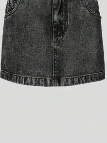 SHEIN 少女Y2K风格牛仔短裙，时尚水洗牛仔蓝，百搭舒适不对称设计，弹性腰带，少女牛仔短裙 - 黑色 - 查看 5