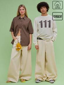 COUREZ 男女通用宽松筒腿白色纯棉长裤 Y2K 复古风 100%纯棉 - 杏色 - 查看 1