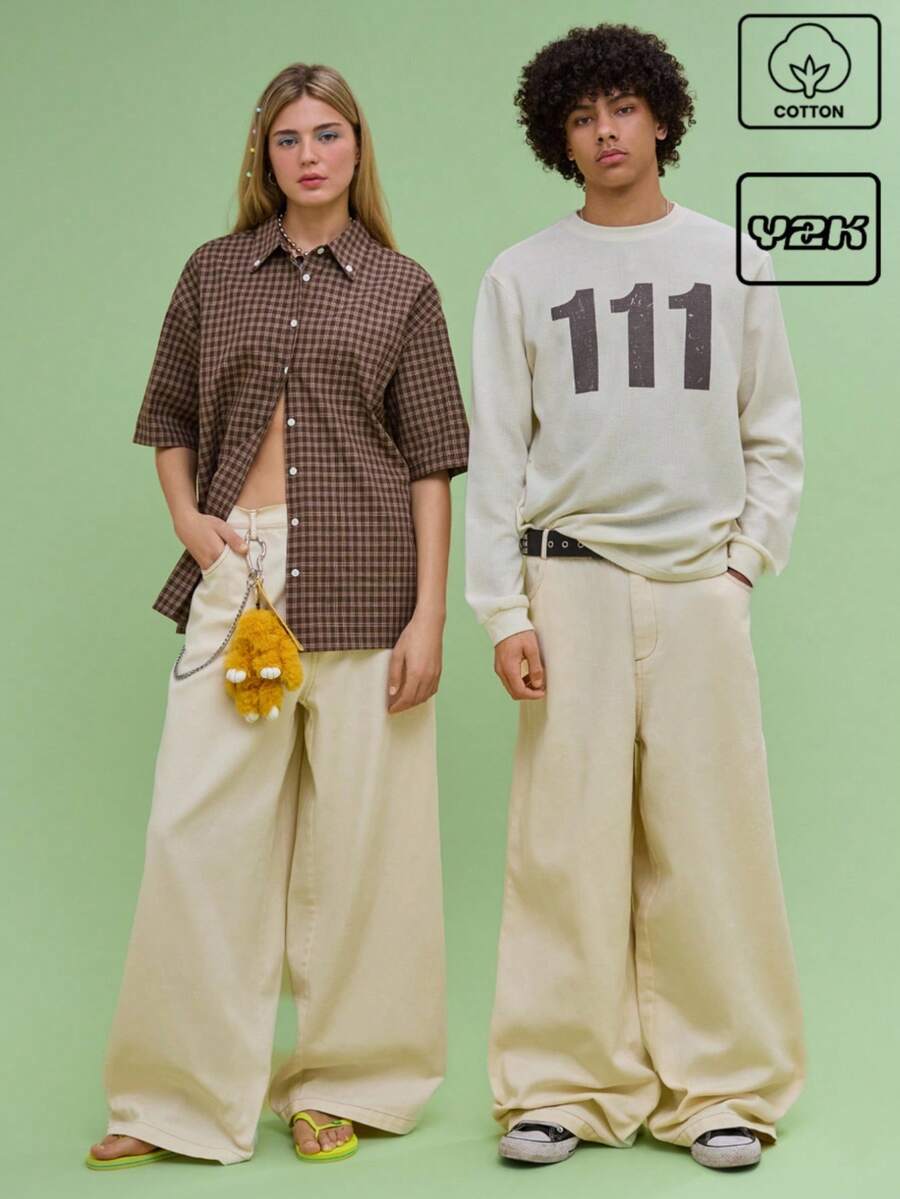 COUREZ 男女通用宽松筒腿白色纯棉长裤 Y2K 复古风 100%纯棉 - 杏色 - 查看 1