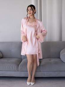Andrea Bello 2pcs Set: Floral Trim Faux Silk Nightgown And Kimono, Fall Clothes  Cozy And Elegant Details - Baby Pink - View 1