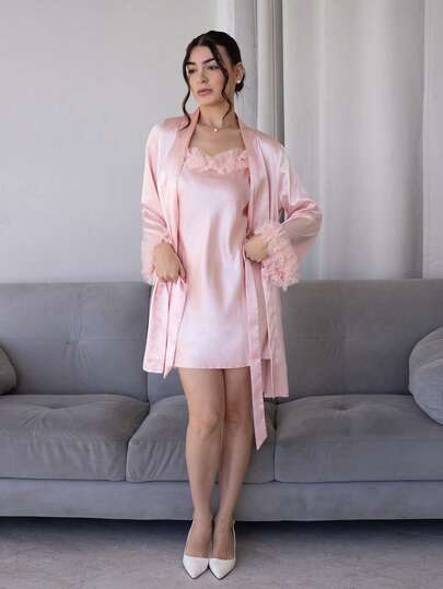 Andrea Bello 2 件套：花卉装饰仿丝睡袍和和服，秋季服装