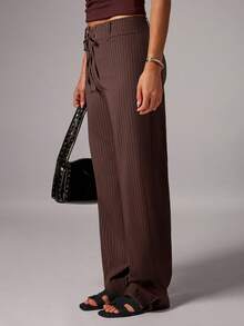 Avenya Striped Drawstring Waist Loose Sweatshirt And Pants Set - Brown - View 4