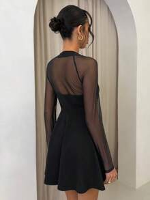 Glamine Women's Elegant Commuter Mesh Patchwork Crystal Embellished Dress - Black - View 2