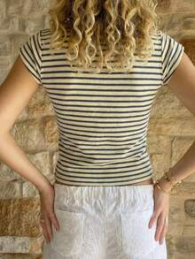 SHEIN Striped Digital Print Fashionable Minimalist Women's Cropped T-Shirt, Gift For Friends - White - View 3