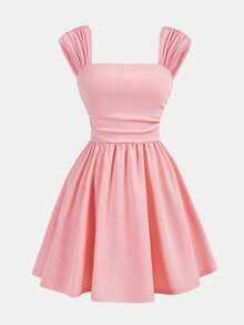 SHEIN Girlism 少女优雅纯色褶皱肩部和胸部A字连衣裙 - 粉色 - 查看 5