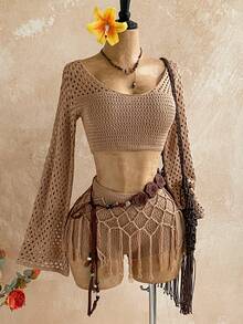 Soleia Bộ 2 món áo len cổ chữ V khoét rỗng tay loe và quần short dệt kim tua rua cho nữ, phong cách Bohemian, Boho, lãng mạn với họa tiết hoa, thích hợp cho kỳ nghỉ, tiệc tùng, hẹn hò, ngày Valentine, lễ Phục sinh, lễ hội, tiệc trà chiều, đi biển, du thuyền, nghỉ mát thành phố. - Màu Khaki - Xem 4