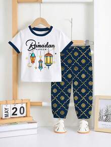 SHEIN 男婴休闲复古卡通可爱星月印花T恤套装，宽松版型，适合居家休闲、派对、日常休闲穿着 - 彩色 - 查看 2