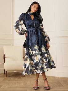 Lilora Chic Multicolor Floral Woven Fabric Dress For Women Keyhole Neckline Puff Long Sleeve A Line Flared Midi Length - Multicolor - View 6