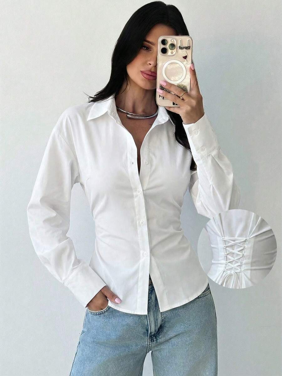 Firerie Women's Blue And White Striped Long Sleeve Shirt, Tie-Waist Shirt, Casual Commuter Shirt, Vacation Shirt, Cinched Waist Striped Shirt, Suitable For Spring, Summer, Autumn And Winter, Elegant, Vacation, Bohemian, Work Attire White Blouses Elegant Women White Shirt White Long Sleeve Blouse - White - View 1
