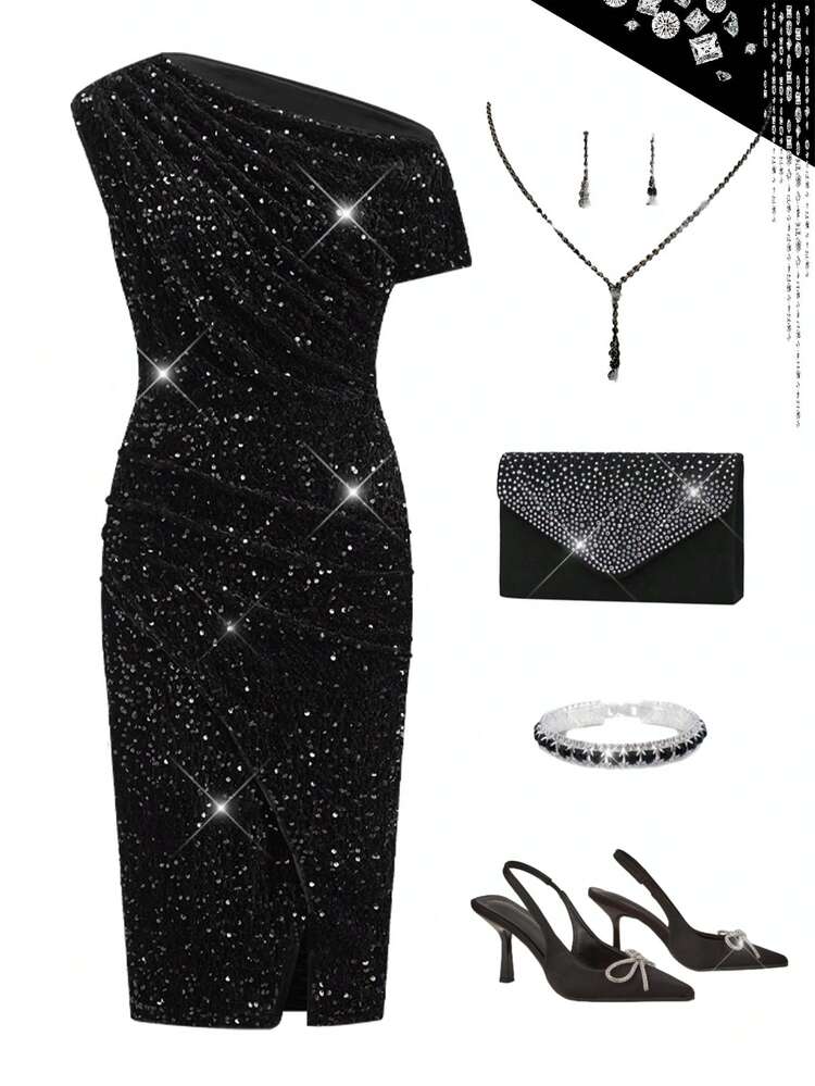 Ellevyn Damen Schwarzes Pailletten-Asymmetrisches Ausschnitt-Gerafftes Taille Bodycon Midi-Kleid, elegant für den täglichen Gebrauch, Partys, Herbst/Winter - Schwarz - Übersicht 14