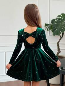 SHEIN Tween Girl Elegant Dark Green Velvet Dress,Autumn Winter Long Sleeve Hot Diamond Star Backless Bow A-Line Princess Dress For Party & Birthday - Green - View 1