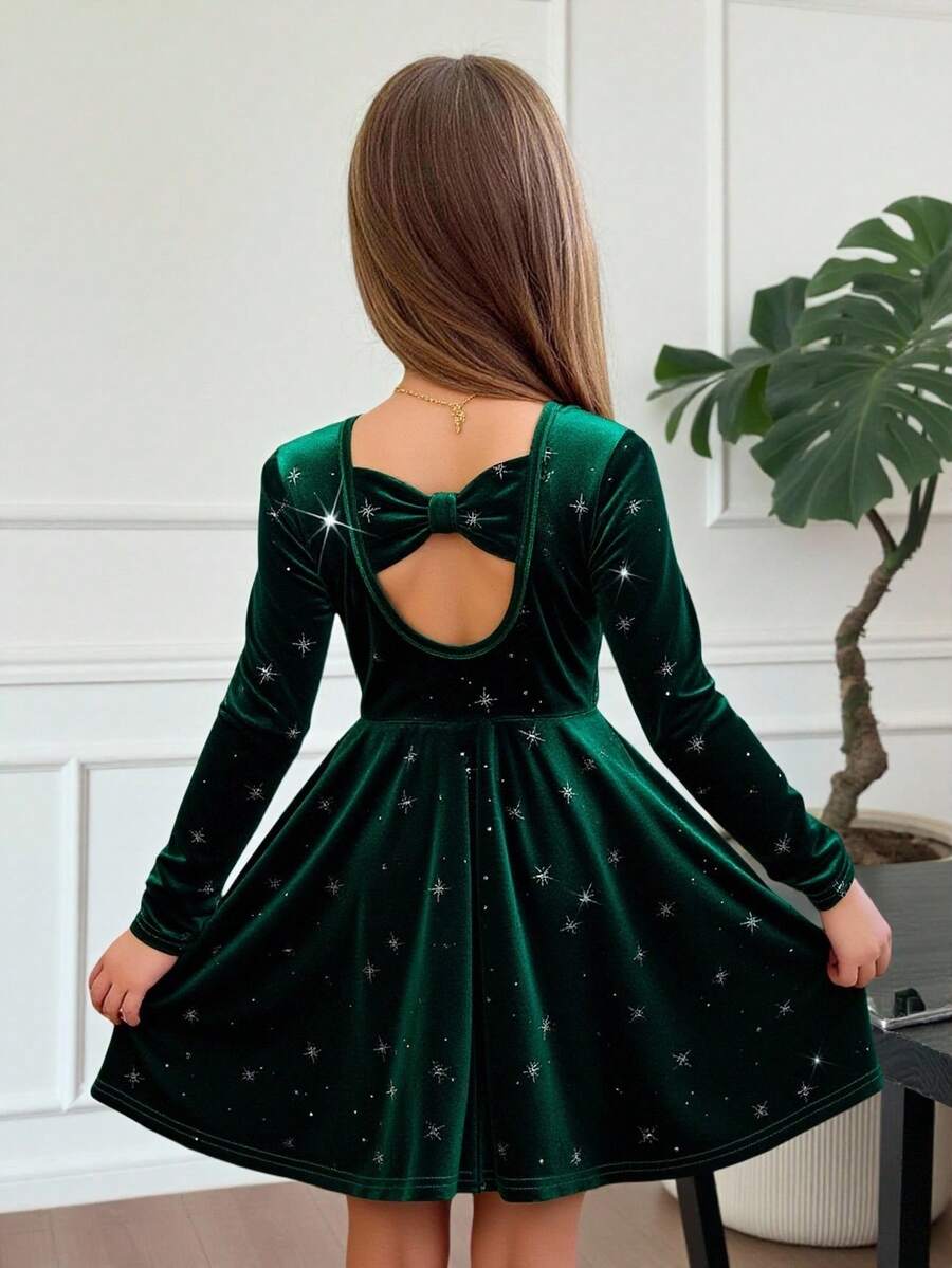SHEIN Tween Girl Elegant Dark Green Velvet Dress,Autumn Winter Long Sleeve Hot Diamond Star Backless Bow A-Line Princess Dress For Party & Birthday - Green - View 1