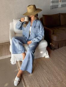 EMERY ROSE 女士落肩长袖单排扣衬衫和裤子休闲牛仔套装 - 藍色 - 查看 7