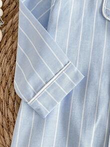 新生儿连体衣，蓝白条纹，前口袋，刺绣马图案，翻领，长袖，长裤，连体裤，爬行服，家居服 - 淺藍色 - 查看 8